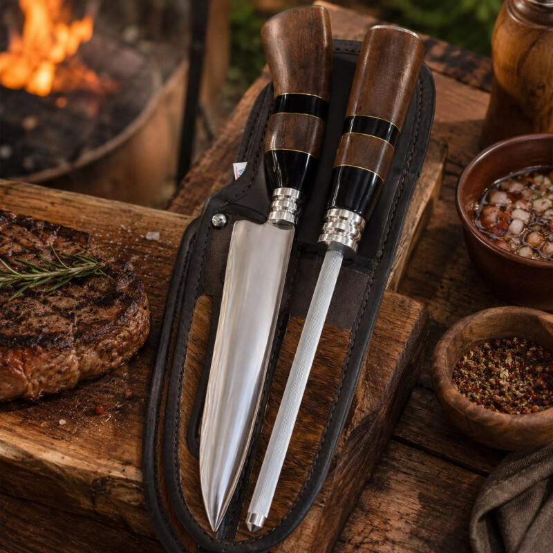 Set de Asado Artesanal - Cuchillo y Chaira Parrillero con Estuche de Cuero Madera Y Guampa N°6 Set de Asado Artesanal - Cuchillo y Chaira Parrillero con Estuche de Cuero Madera Y Guampa N°6
