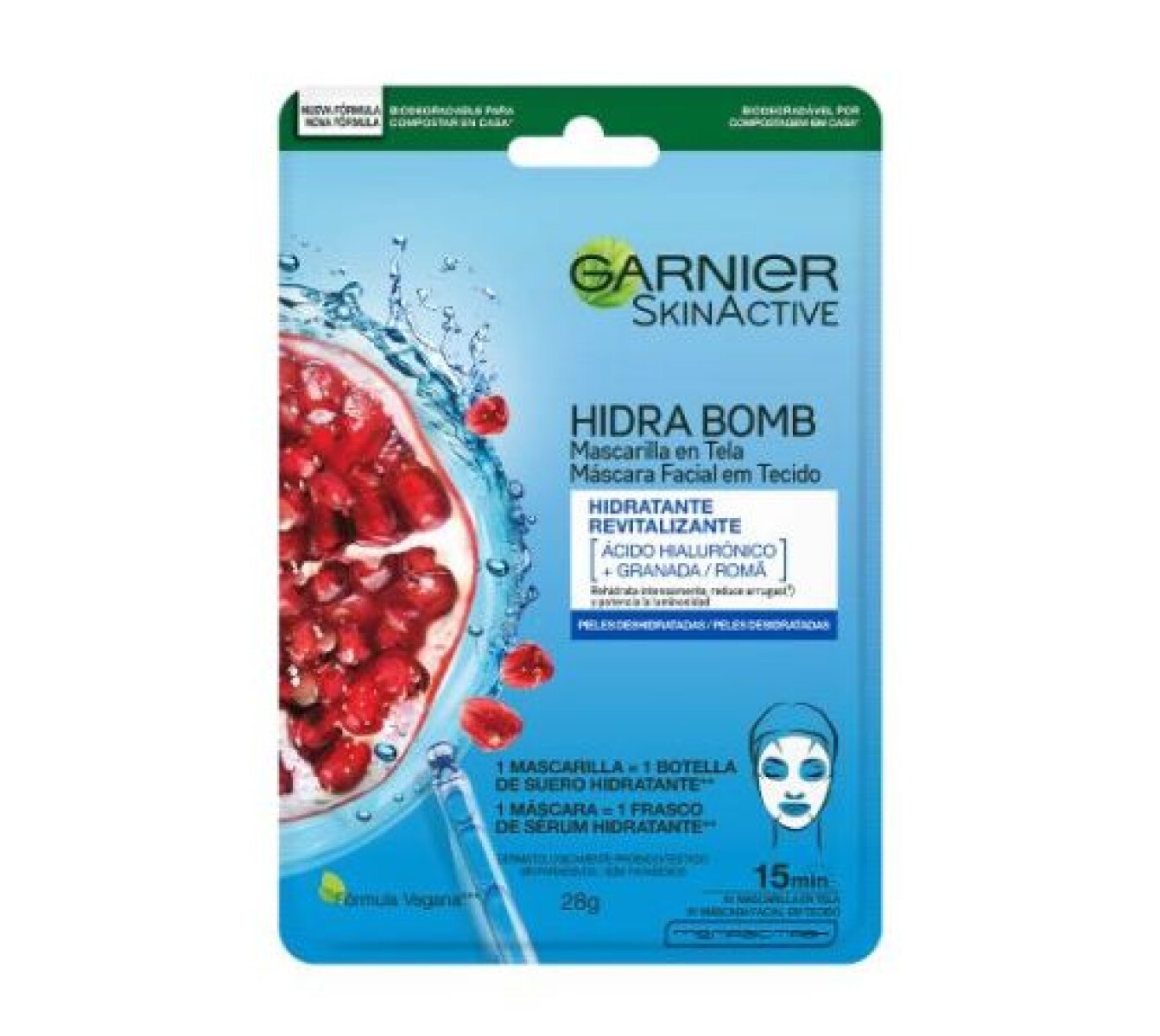 Garnier Mascarilla en Tela Hidra Bomb Ácido Hialurónico + Granada – Hidratación y Antioxidantes