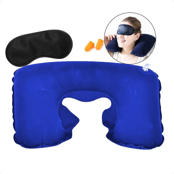 Almohada De Viaje Inflable Apoya Cabeza Auto Ómnibus Avión Azul