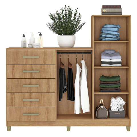 Comoda Cajonera Rack TV 46" de 5 cajones 2 puertas 1 perchero y 3 estantes internos para Dormitorio o Living - FE - Miel Comoda Cajonera Rack TV 46" de 5 cajones 2 puertas 1 perchero y 3 estantes internos para Dormitorio o Living - FE - Miel