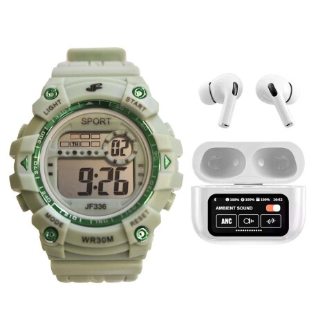 Set Reloj Deportivo Luz Led + Auriculares A9 Inalámbricos BT Verde
