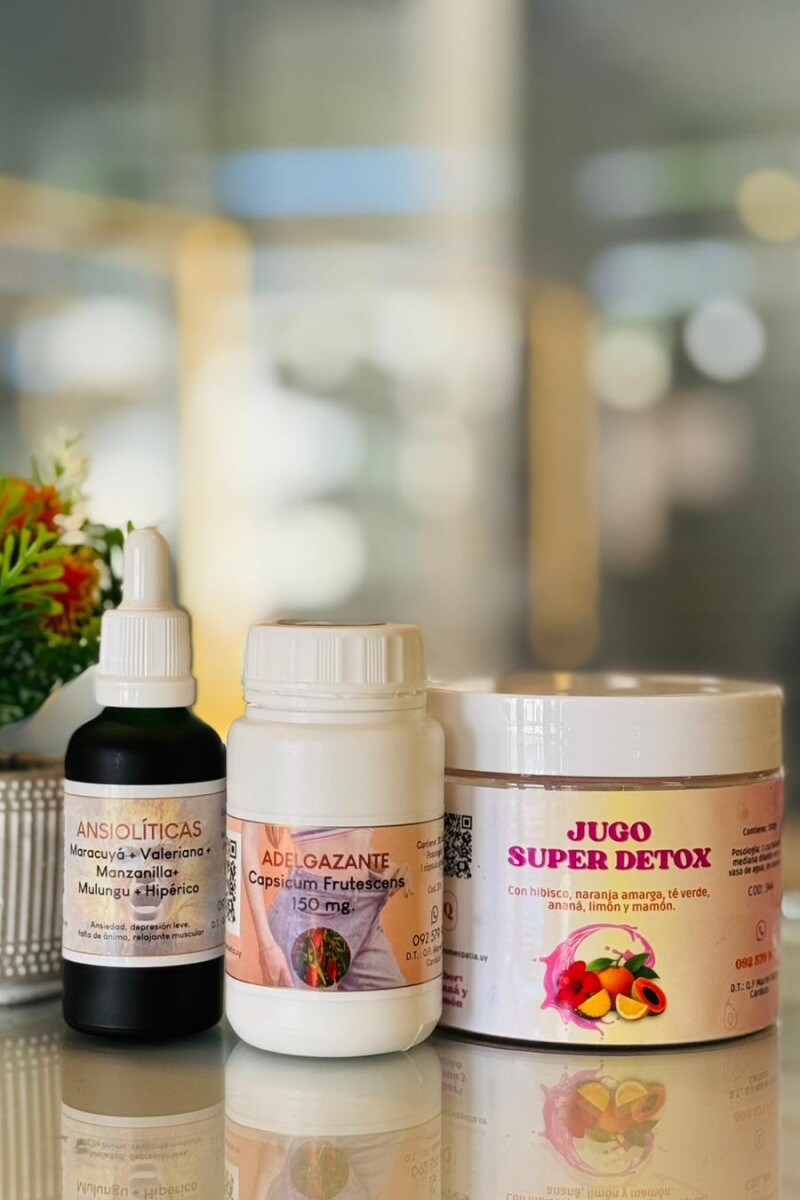 Kit Adelgazante (Capsicum Frutescens+Jugo Super Detox+Gotas Ansiolíticas) Kit Adelgazante (Capsicum Frutescens+Jugo Super Detox+Gotas Ansiolíticas)