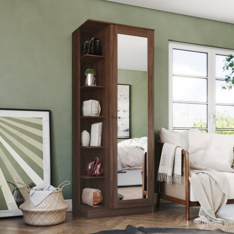 ROPERO 1 PUERTA GUARDARROPA ARMARIO PLACARD CLOSET CON ESPEJO Y ESTANTES COLOR MADERA OSCURA