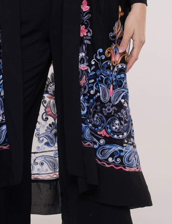 Cardigan Kimono Largo De Tul Bordado NEGRO/MULTI