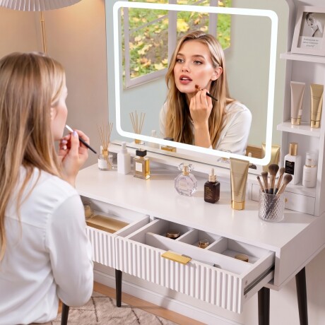TOCADOR MAQUILLAJE MODERNO ESPEJO LUZ LED + ENCHUFE 3 CAJONES REPISAS ORGANIZADORAS PATAS METÁLICAS BLANCO