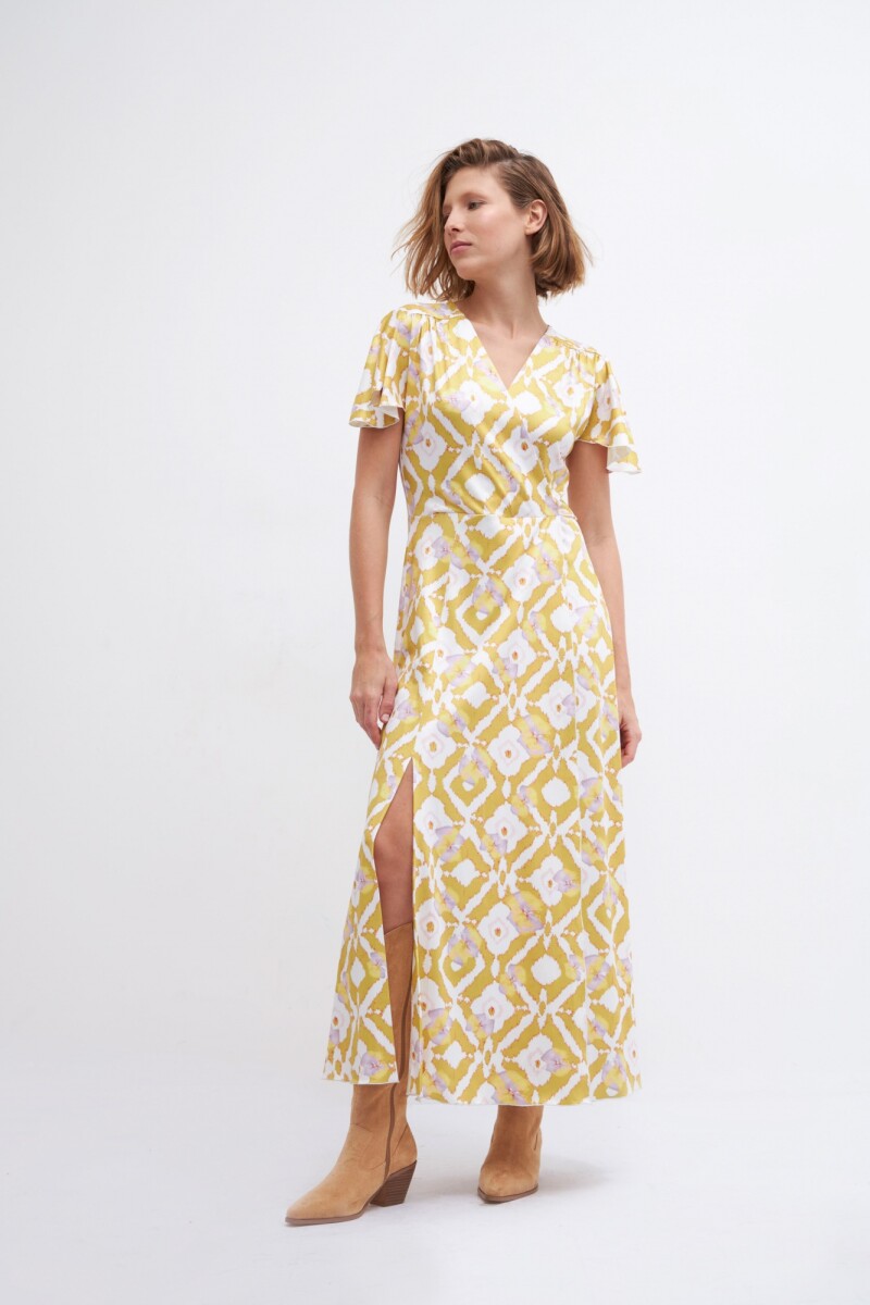 Maxi vestido estampado Ikat mostaza