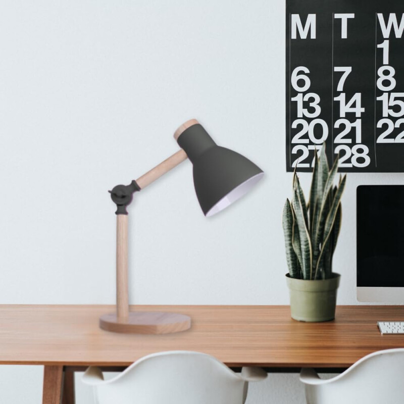 Lampara De Escritorio Portatil Nordica Madera Y Metal Gris