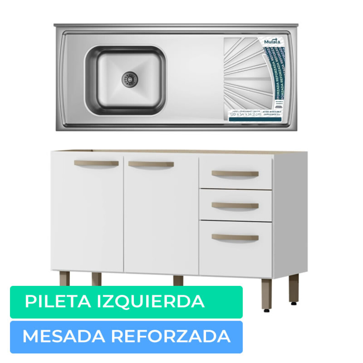 Combo de Cocina Bajo Mesada 3 Puertas 2 cajones + Pileta Izquierda Reforzada con Hormigón Célular Blanco 