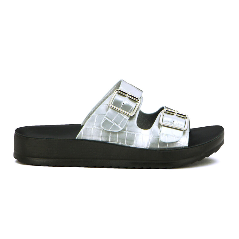 Sandalias Mujer Darkness Dos Tiras Con Hebilla Plata