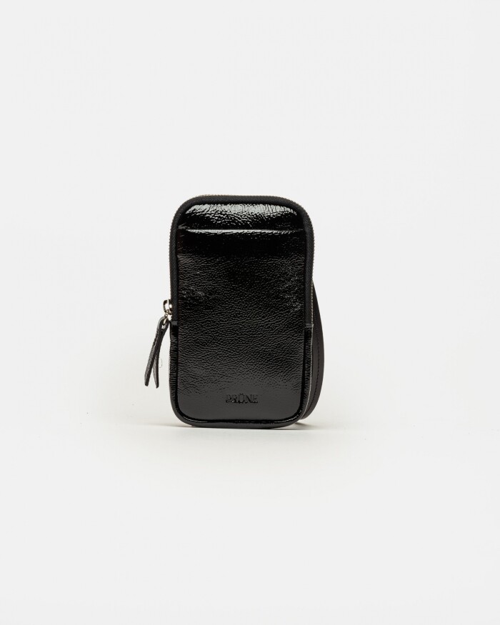 Porta celular Pia en cuero charol arrugado Negro