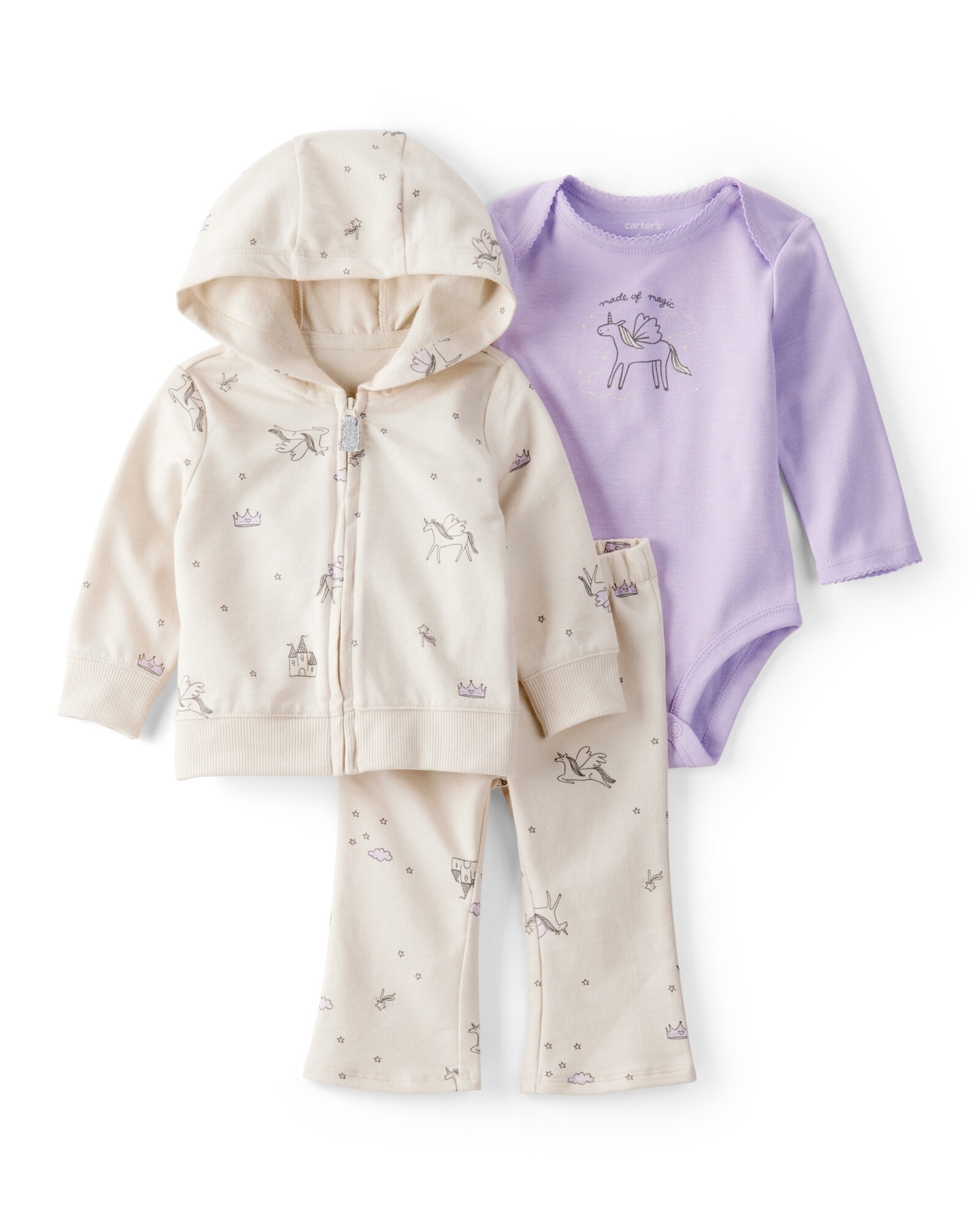 Set tres piezas de algodón, campera, pantalón y body, diseño fantasía Set tres piezas de algodón, campera, pantalón y body, diseño fantasía