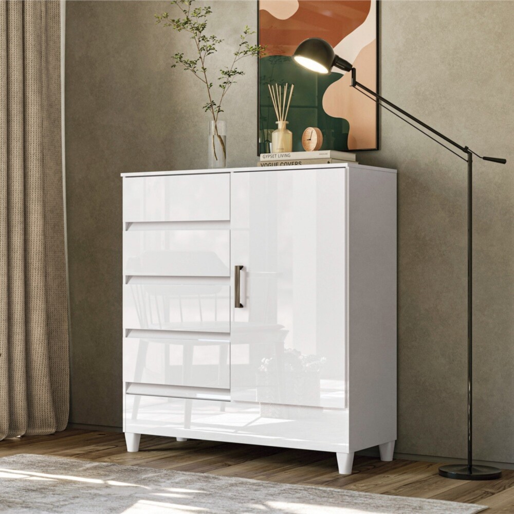 Comoda 1 puerta 4 cajones - Blanco - Linea FIT Comoda 1 puerta 4 cajones - Blanco - Linea FIT