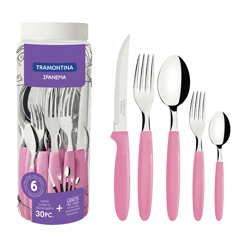 Juego cubiertos en pote, 30 piezas rosado "IPANEMA" -TRAMONTINA FER04978