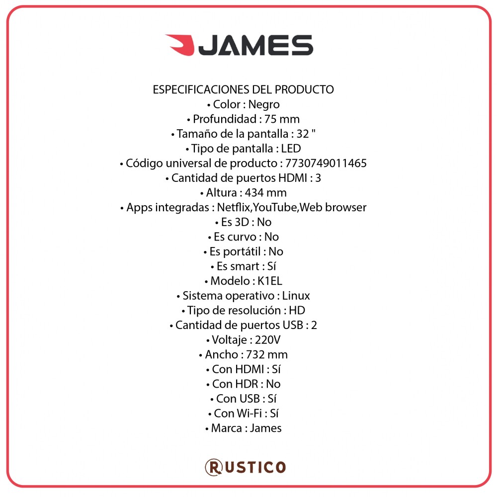 Televisor Smart TV - LED 32" James Televisor Smart TV - LED 32" James