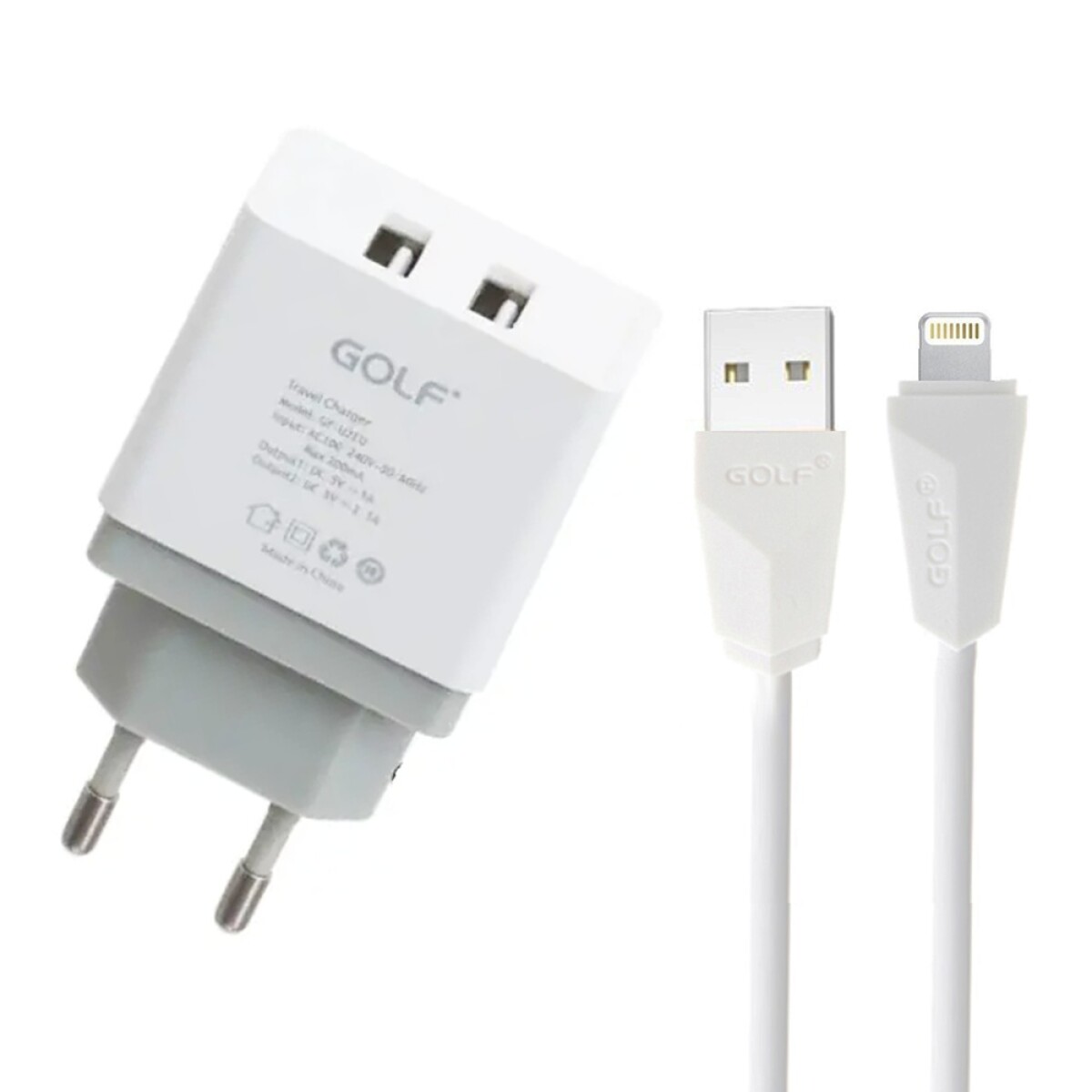 kit de Cargador Doble USB para Pared y Cable Iphone de 1Mt Golf GF-U2SET - Blanco 