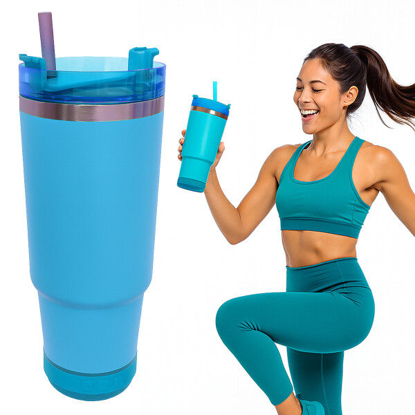 Vaso Termico de 600ml Con Parlante Celeste