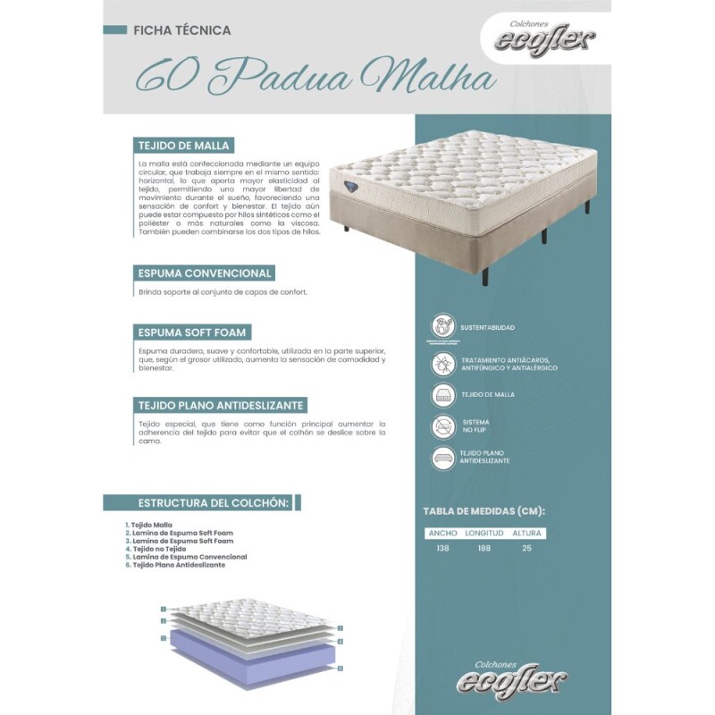 Colchón Ecoflex 188x138x25 D60 c/pillow interno 100% espuma Colchón