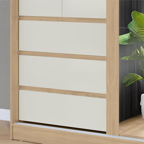 Ropero Armario Bagdá Puertas Mixtas 2 Batientes y 1 Corrediza 3 Cajones Estantería y Espejo - Castaño Off White Ropero Armario Bagdá Puertas Mixtas 2 Batientes y 1 Corrediza 3 Cajones Estantería y Espejo - Castaño Off White