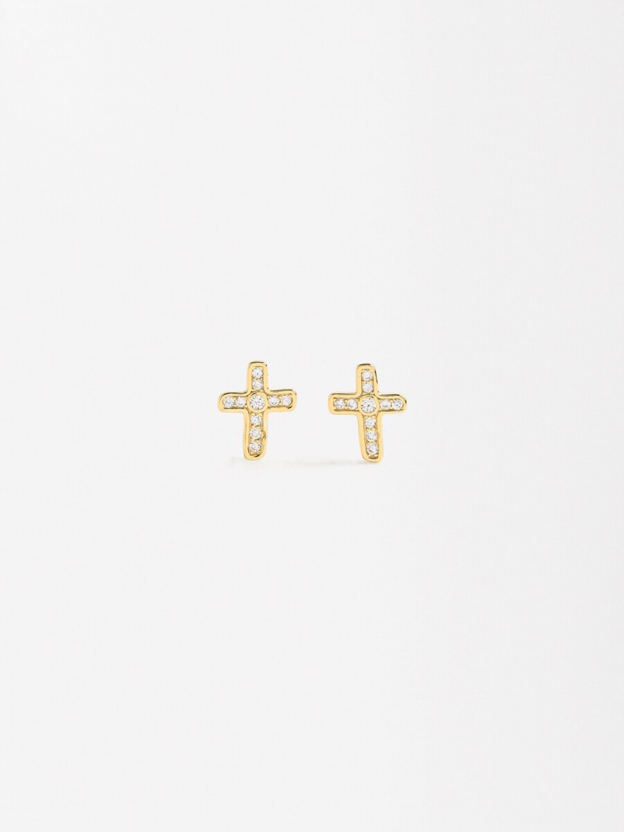 Pendientes Cruz Con Circonitas - Plata De Ley 925 dorado