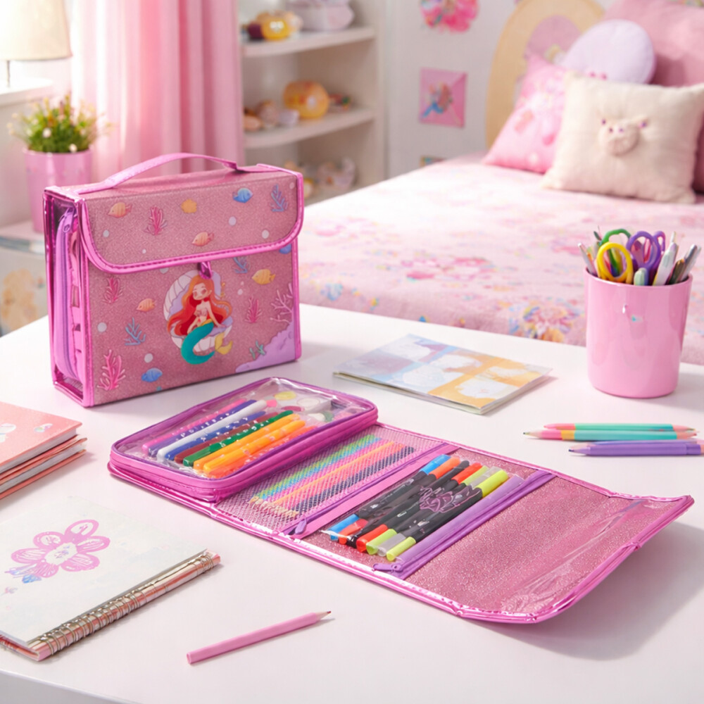 Cartuchera Escolar Triple Brillosa Con Accesorios Colores Rosa