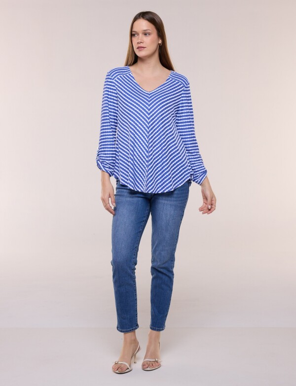 Remera Texturada A Rayas Con Escote V AZUL/BLANCO