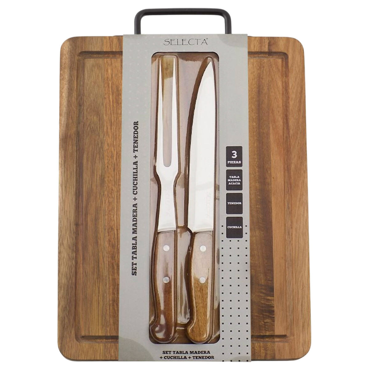 Tabla para Asado en Madera + Cuchillo y Tenedor Selecta 