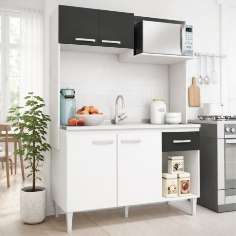 Kit de cocina compacta 4 puertas 1 cajón Patas Ajustables y Rieles Metálicos 122 x 52 x 187cm - Blanco / Grafito Kit de cocina compacta 4 puertas 1 cajón Patas Ajustables y Rieles Metálicos 122 x 52 x 187cm - Blanco / Grafito