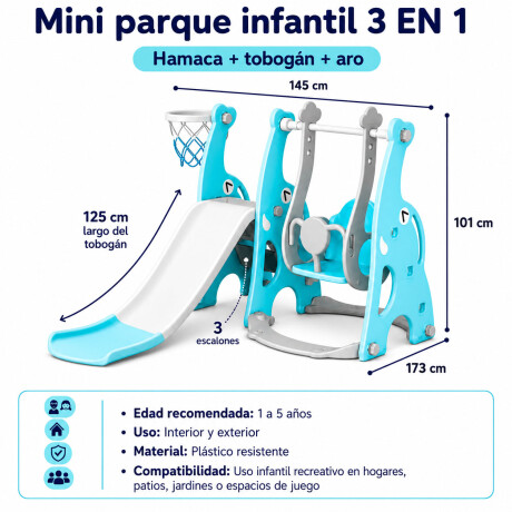 Juego Infantil Hamaca + Tobogan Infantil + Aro 3 En 1 Celeste
