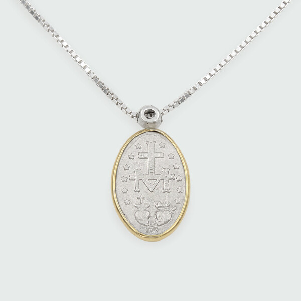 Medalla religiosa Virgen Milagrosa de plata 925 con brillante y virola de oro 18k (incluye cadena) Medalla religiosa Virgen Milagrosa de plata 925 con brillante y virola de oro 18k (incluye cadena)