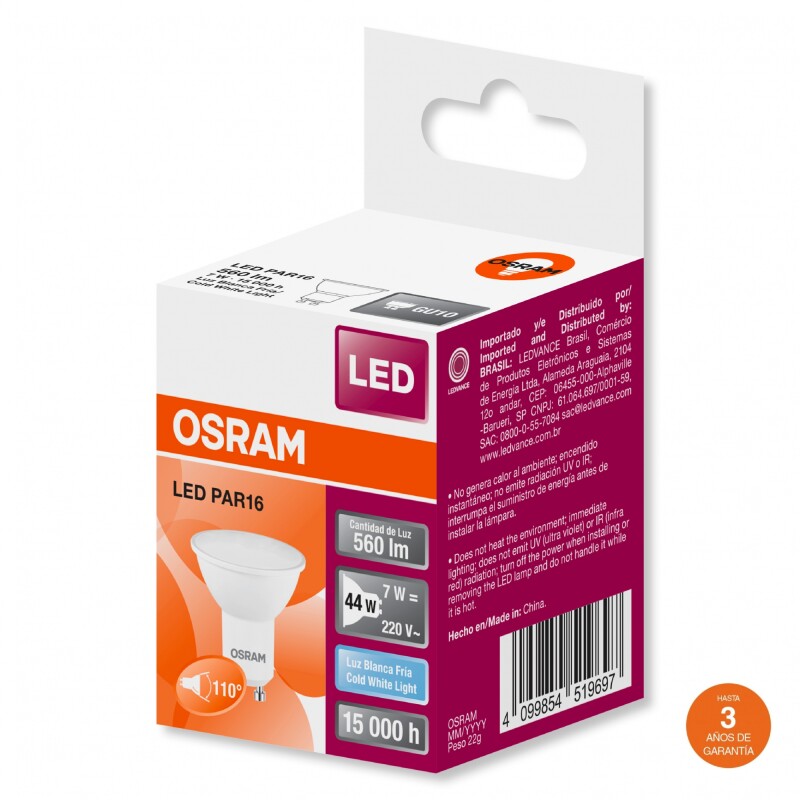 DICROICA LED OSRAM GU10 7W Dicroica LED GU10 PAR16 7W 110º Luz Fria OSRAM