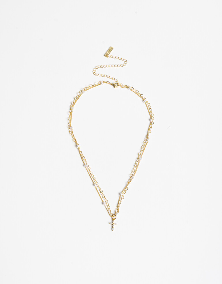 Collares Cortos Cubic zirconia Collar Corto Layer Con Cruz Y Beads Multicolor. - Dorado