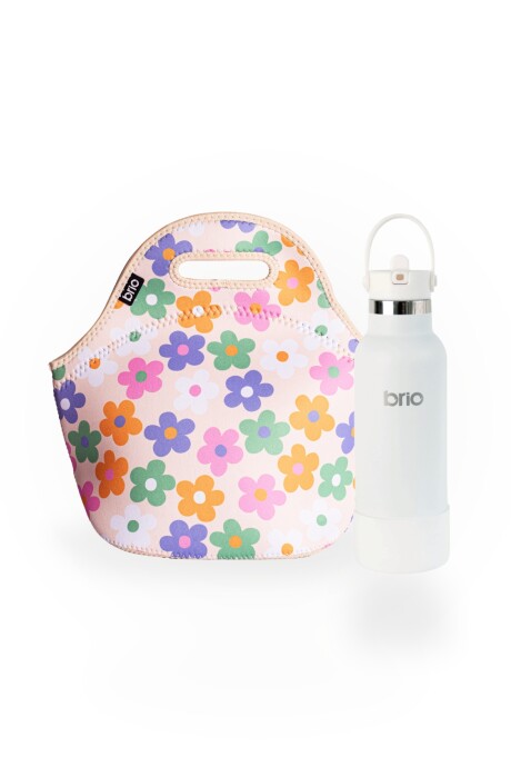 Set de lunchera de neopreno y botella de acero inoxidable 500ml brio set florcitas colores/blanco
