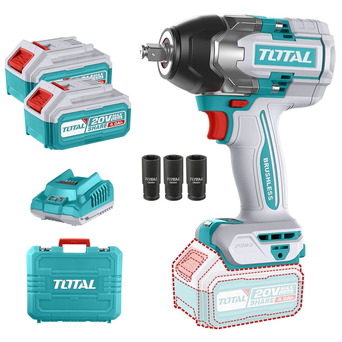 Llave De Impacto Inalámbrica 20v 1/2" 850Nm - Doble Batería + Maletín 