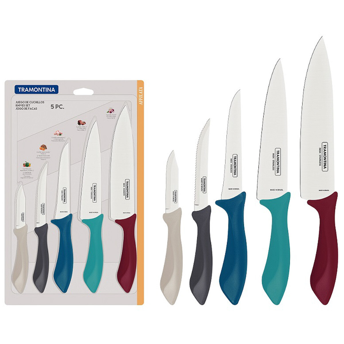 JUEGO 5 CUCHILLOS TRAMONTINA CON MANGO DE COLORES AFFILATA 