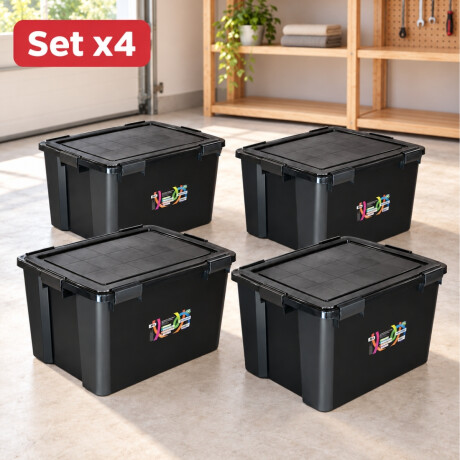 Set x4 Cajas organizadoras 80lts con 6 trabas NEGRO