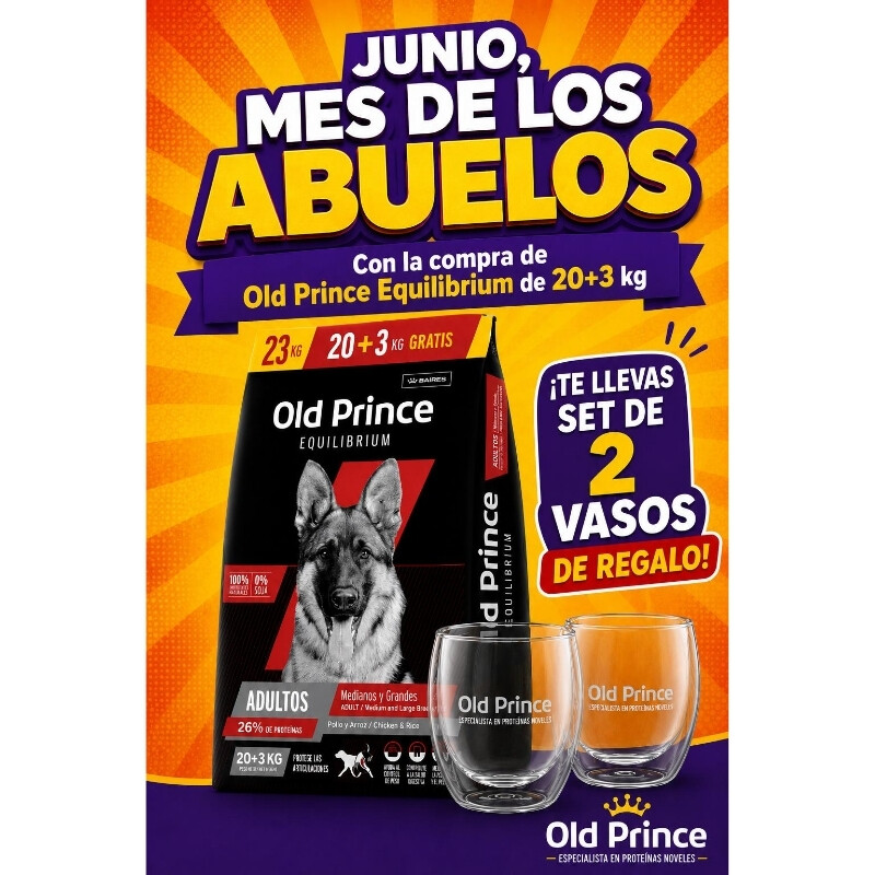 PROMO Old Prince Equilibrium Adulto Razas Medianas y Grandes 20+3 kgs + Set de Vasos de Obsequio! PROMO Old Prince Equilibrium Adulto Razas Medianas y Grandes 20+3 kgs + Set de Vasos de Obsequio!