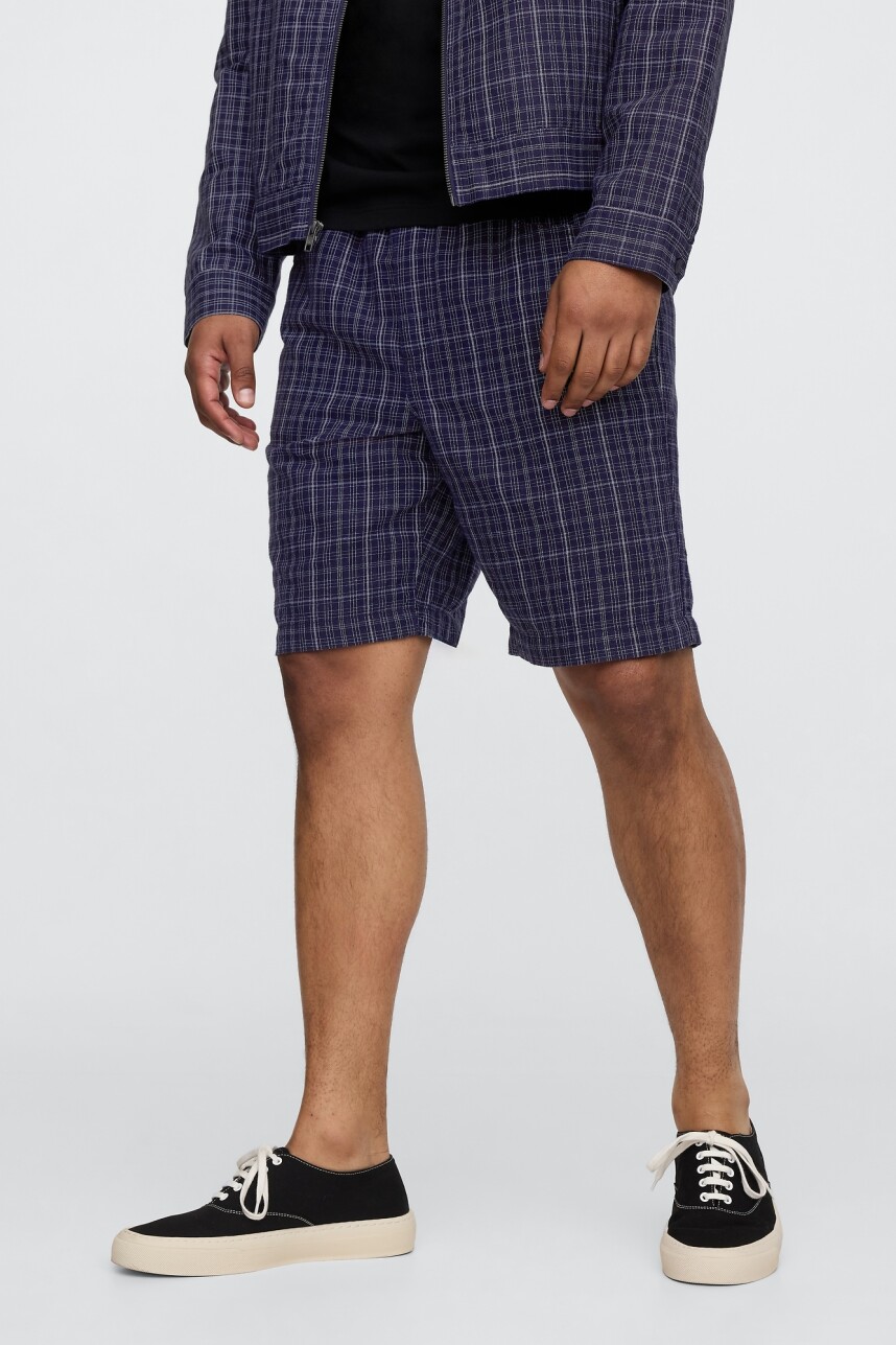 Short De Lino Con Elástico Hombre Blue Plaid