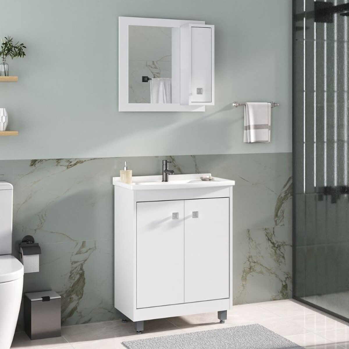 MUEBLE DE BAÑO 60 CM CON MESADA Y ESPEJO - BLANCO 