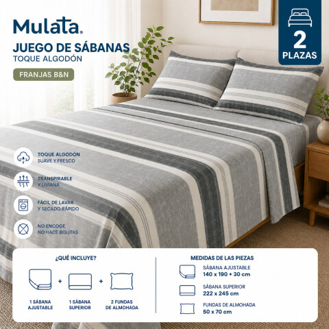 Juego De Sabanas 2 Plazas Toque Algodón Sommier Franjas Blanco y Negro Juego De Sabanas 2 Plazas Toque Algodón Sommier Franjas Blanco y Negro