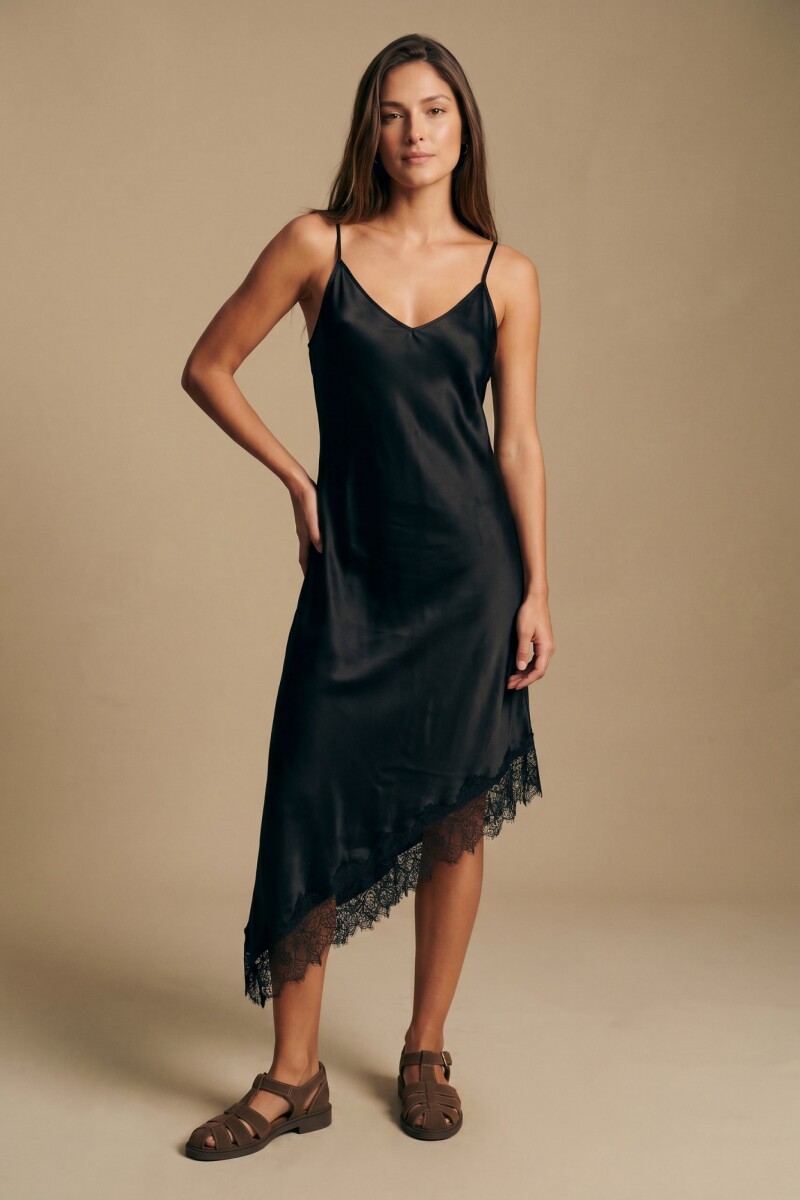Vestido Midi Satinado Con Encaje Negro