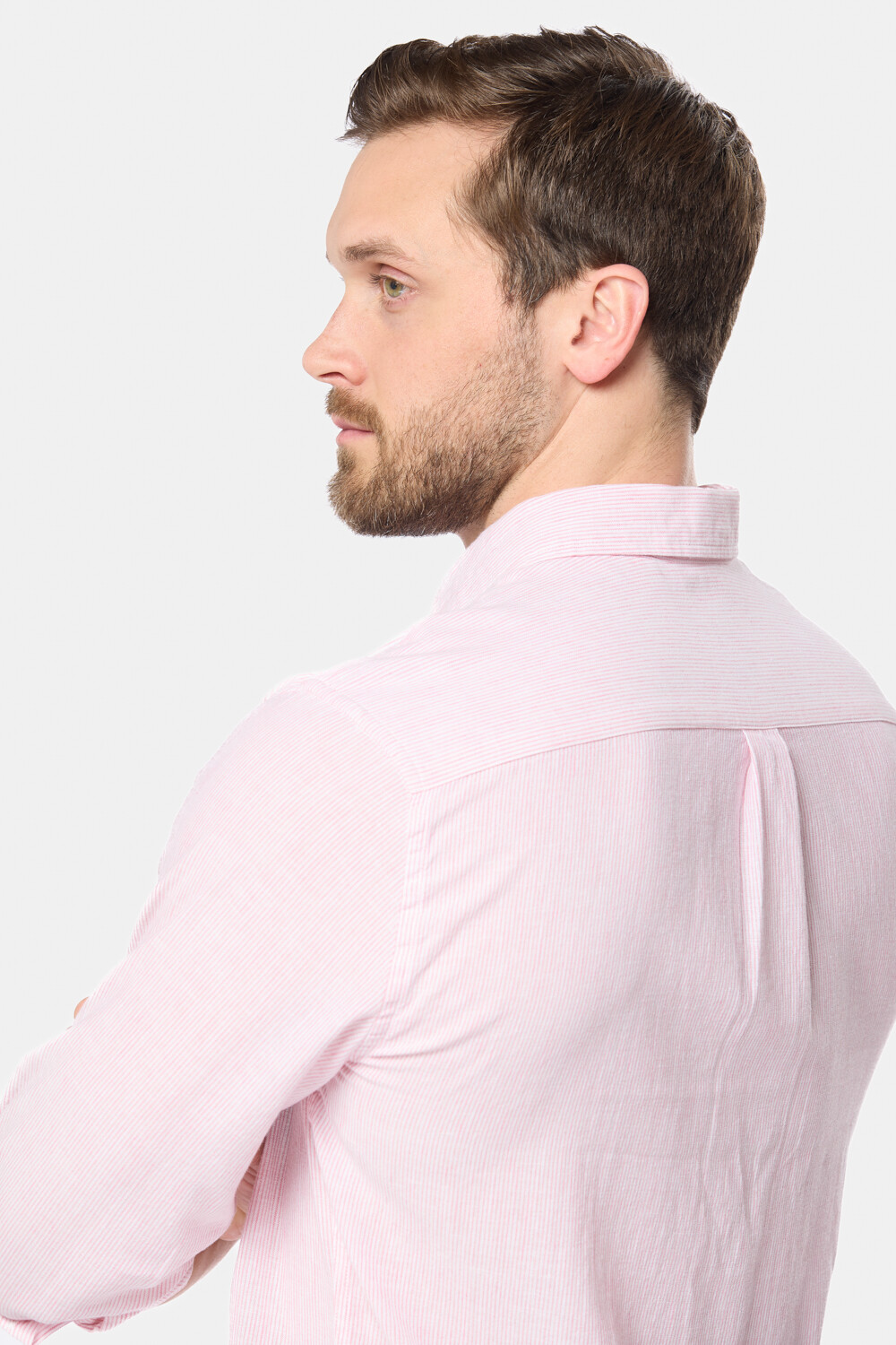 CAMISA DE LINO RAYADA Rosa
