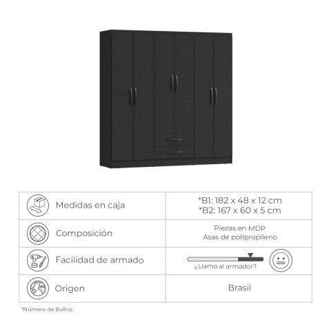 Armario Ropero Placard de 6 Puertas Línea Plus con 2 Cajones y Perchero Horizontal - MDP - Negro Armario Ropero Placard de 6 Puertas Línea Plus con 2 Cajones y Perchero Horizontal - MDP - Negro