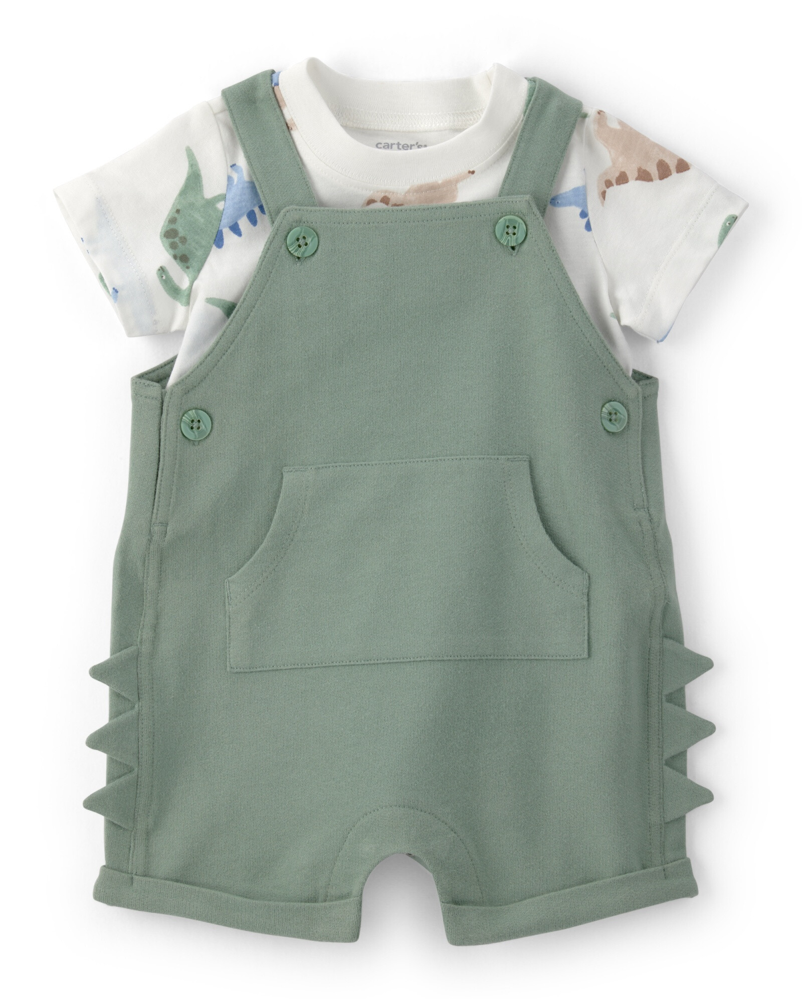 Set dos piezas de algodón, enterito corto verde y remera, diseño dinos Set dos piezas de algodón, enterito corto verde y remera, diseño dinos