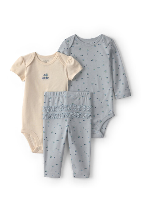 Set tres piezas de algodón, pantalón y bodies, azul y crema, diseño arándanos Sin color