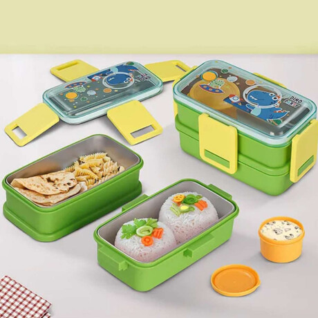 Vianda doble piso con cubiertos, division y tapa Verde