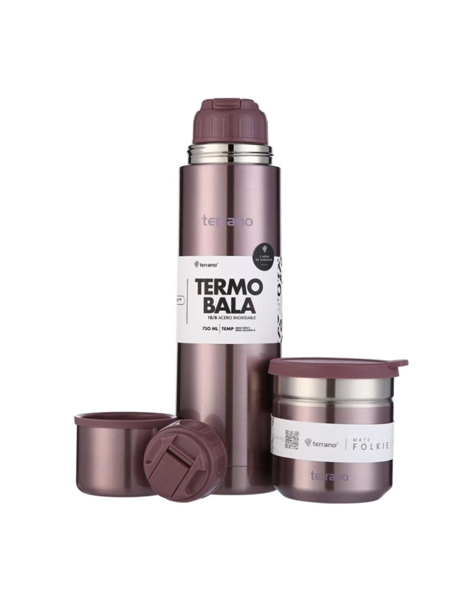 Kit Termo Acero Bala Metalizado 750Ml + Mate Folkie - Lila Metalizado 