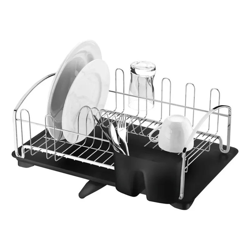 Escurreplatos cromado con bandeja negra con desagüe Escurreplatos cromado con bandeja negra con desagüe