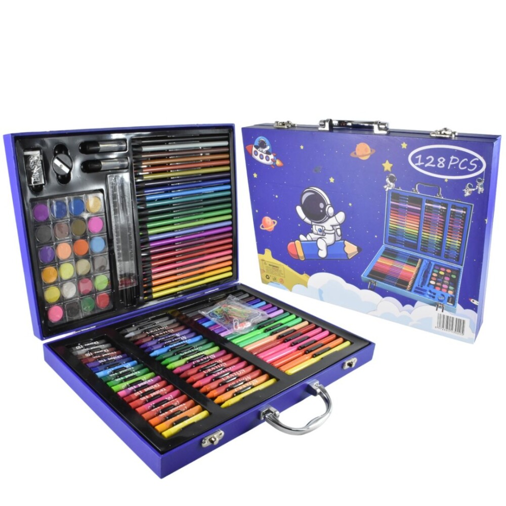Valija infantil 128 Piezas Marcadores Lápices Crayones Madera Azul