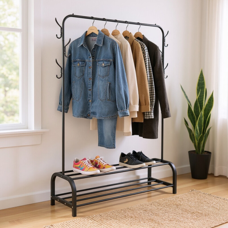 Perchero Organizador metal con zapatera doble Negro