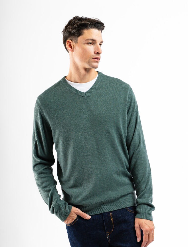 Buzo Cashmere Escote V Verde Melange
